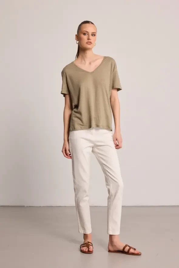 V-Neck Linen T-Shirt - Green - 2