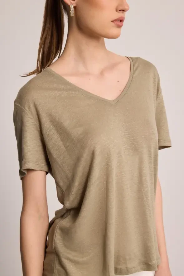 V-Neck Linen T-Shirt - Green - 3