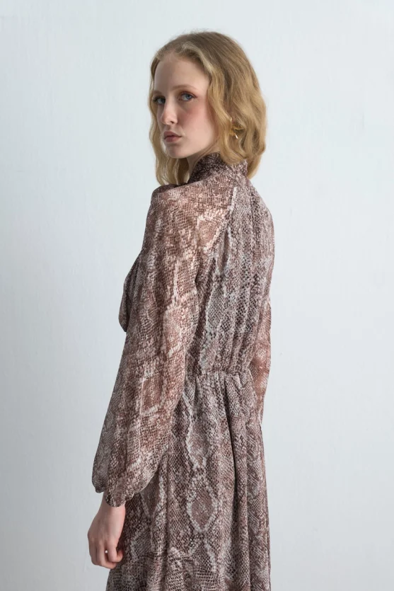 V-Neck Long Dress with Scarf Detail - Brown - 6