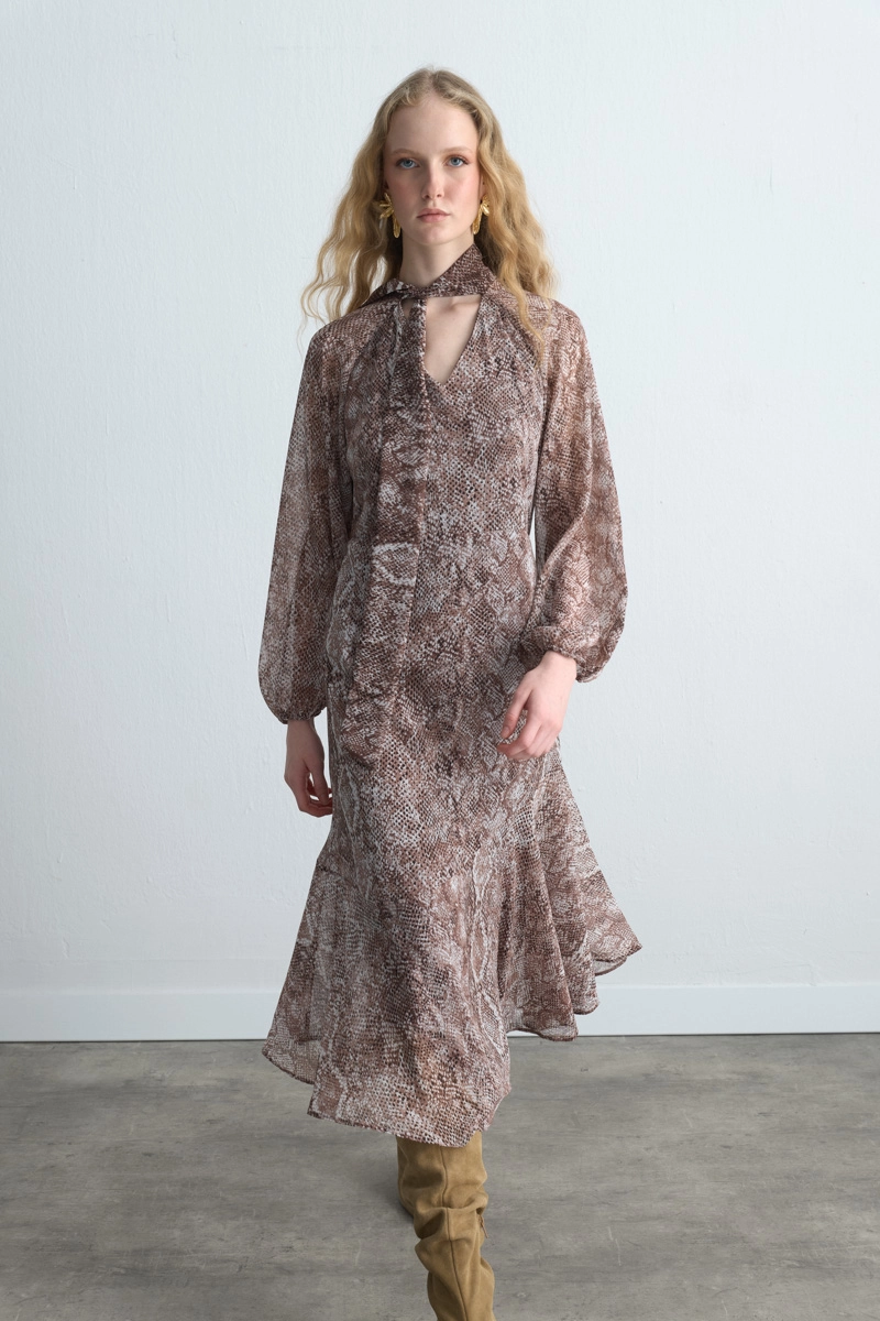 V-Neck Long Dress with Scarf Detail - Brown Brown