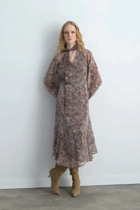 V-Neck Long Dress with Scarf Detail - Brown - 2