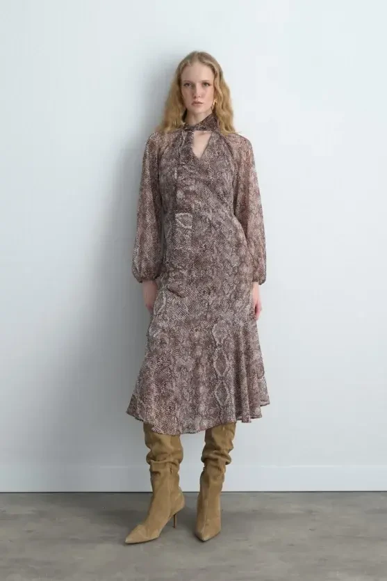 V-Neck Long Dress with Scarf Detail - Brown - Gusto