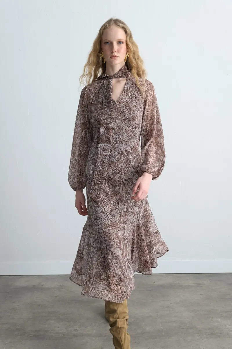 V-Neck Long Dress with Scarf Detail - Brown - 1