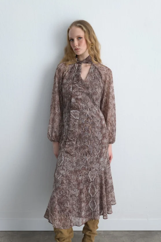 V Neck Long Dress with Scarf Detail Brown - 4