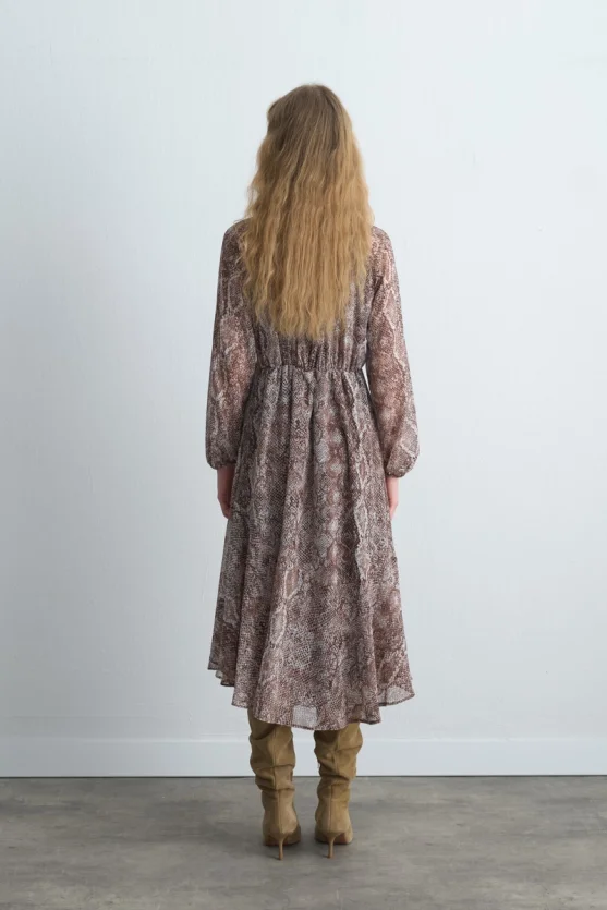 V Neck Long Dress with Scarf Detail Brown - 8