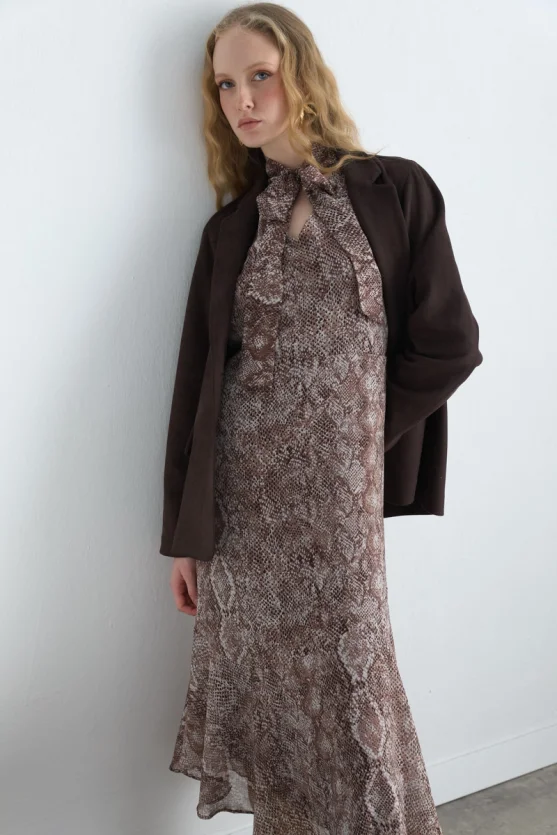 V Neck Long Dress with Scarf Detail Brown - 7