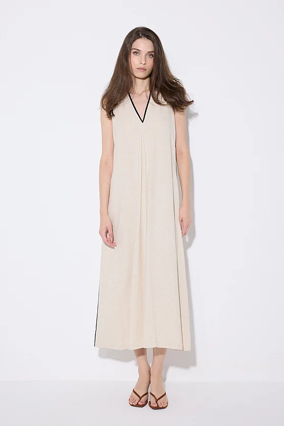 V-Neck Long Linen Dress - Beige - Gusto