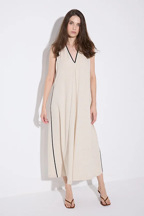V-Neck Long Linen Dress - Beige - Gusto