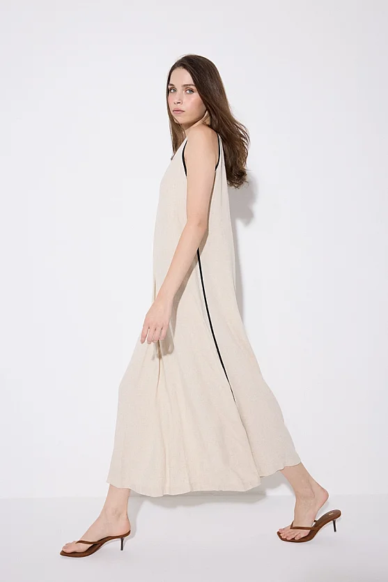 V-Neck Long Linen Dress - Beige - Gusto