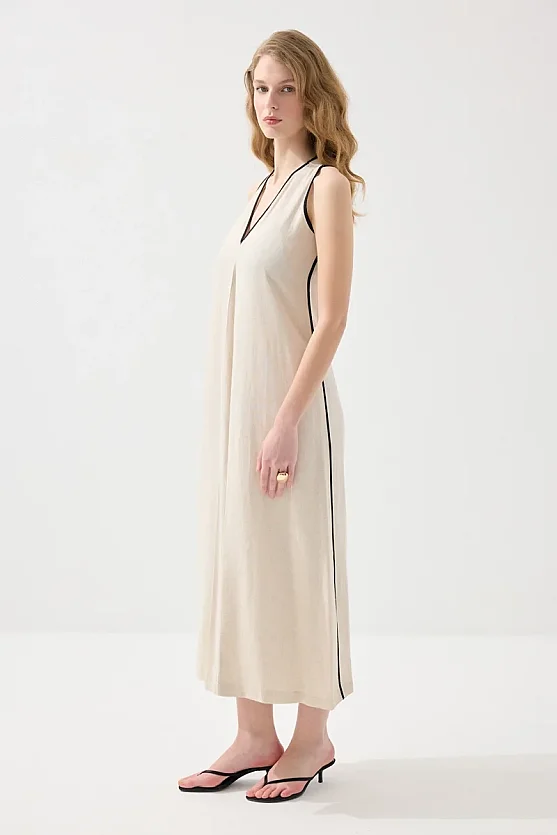 V-Neck Long Linen Dress - Beige - Gusto