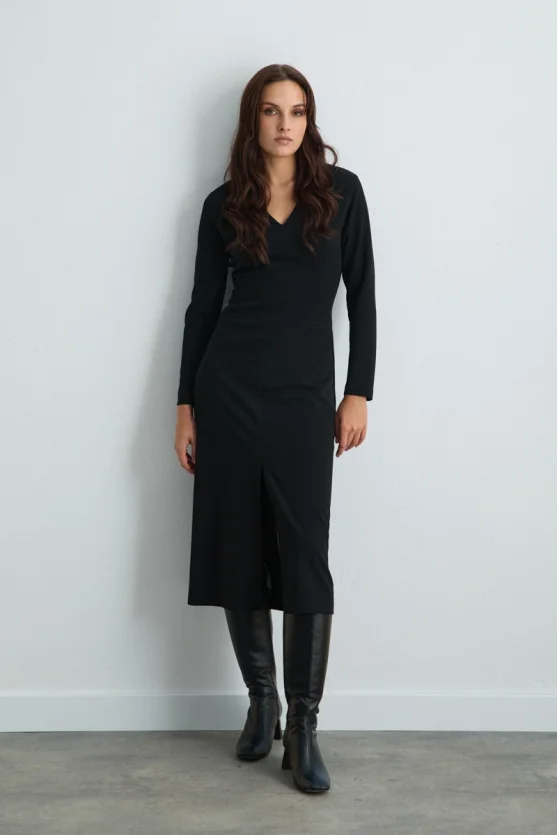 V Neck Long Lycra Dress Black - 4