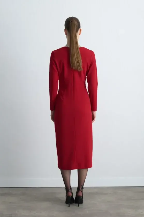 V-Neck Long Stretch Dress - Red - Gusto