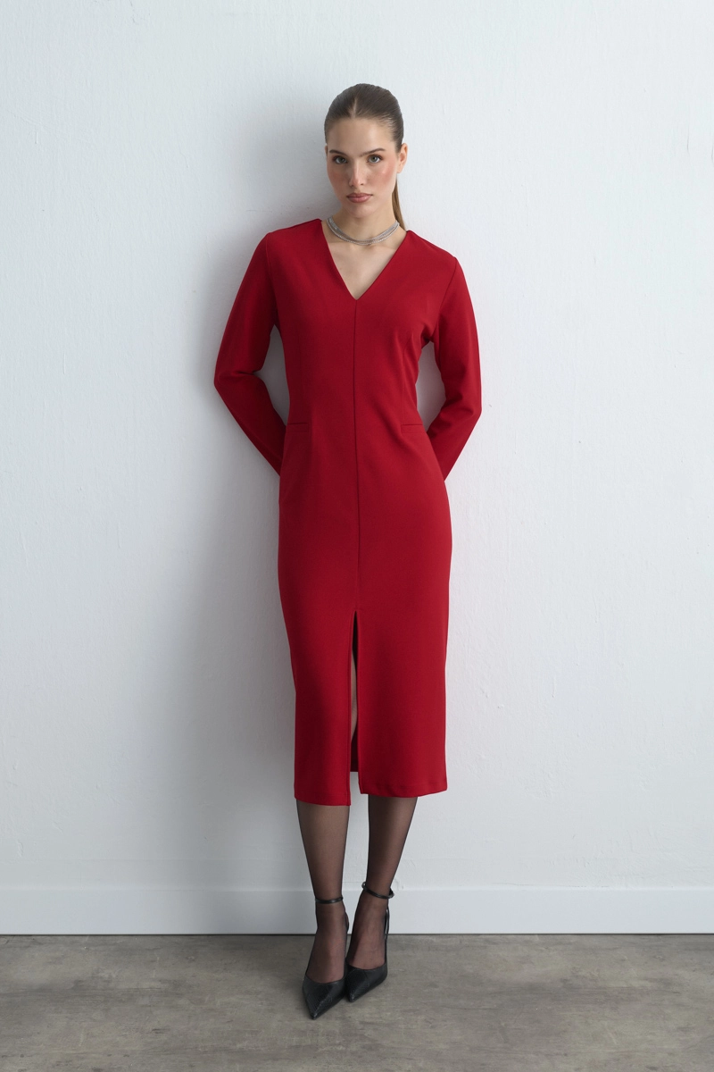 V Neck Long Stretch Dress Red Red