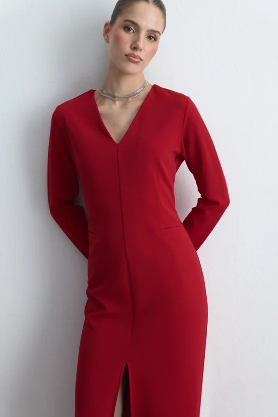 V Neck Long Stretch Dress Red - 3