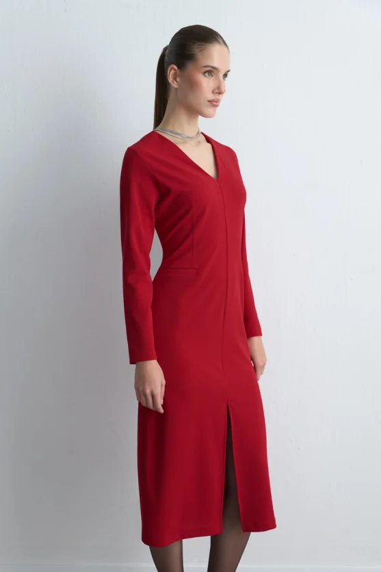 V Neck Long Stretch Dress Red - Gusto