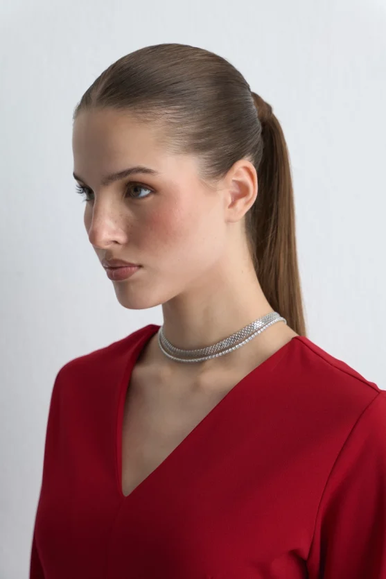 V Neck Long Stretch Dress Red - Gusto