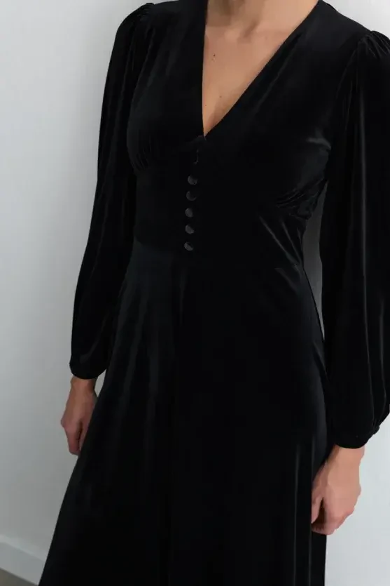 V-Neck Long Velvet Dress - Black - 3