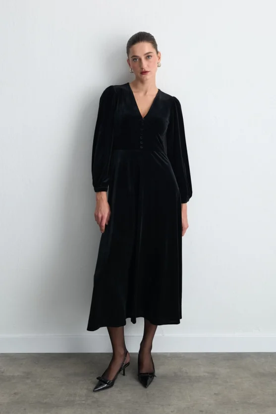 V Neck Long Velvet Dress Black - 1