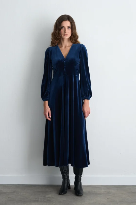 V-Neck Long Velvet Dress - Navy Blue - Gusto