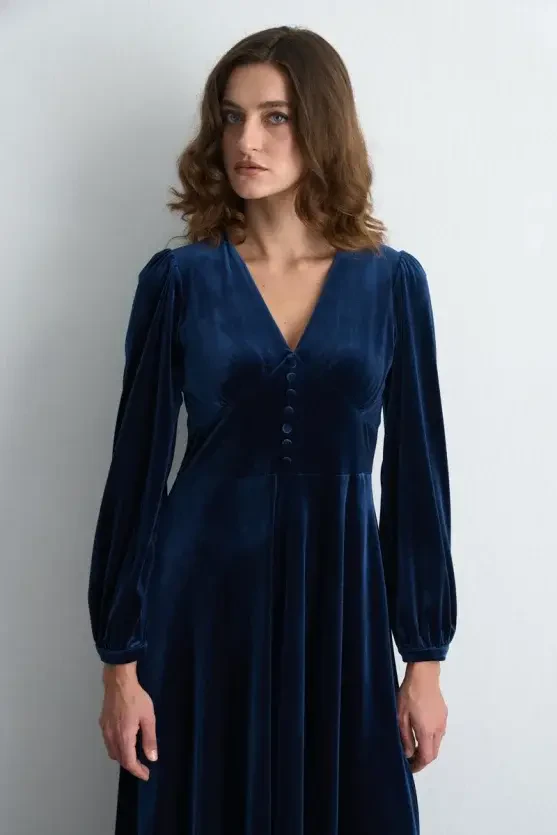 V-Neck Long Velvet Dress - Navy Blue - 2