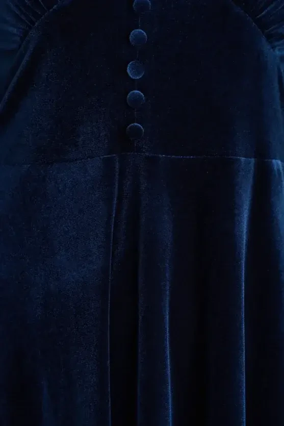 V-Neck Long Velvet Dress - Navy Blue - Gusto