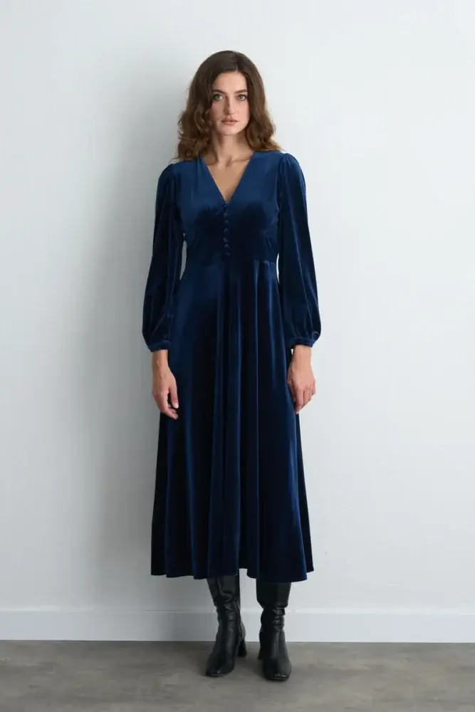 V-Neck Long Velvet Dress - Navy Blue Navy Blue