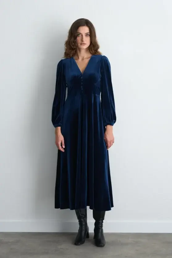 V-Neck Long Velvet Dress - Navy Blue - 1