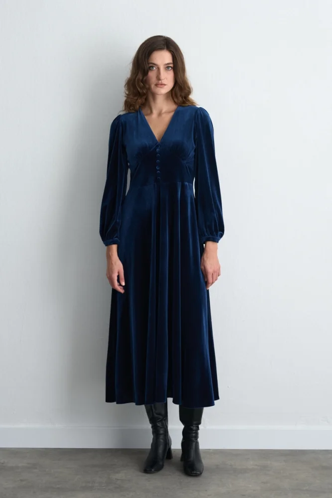 V Neck Long Velvet Dress Navy Blue Navy Blue