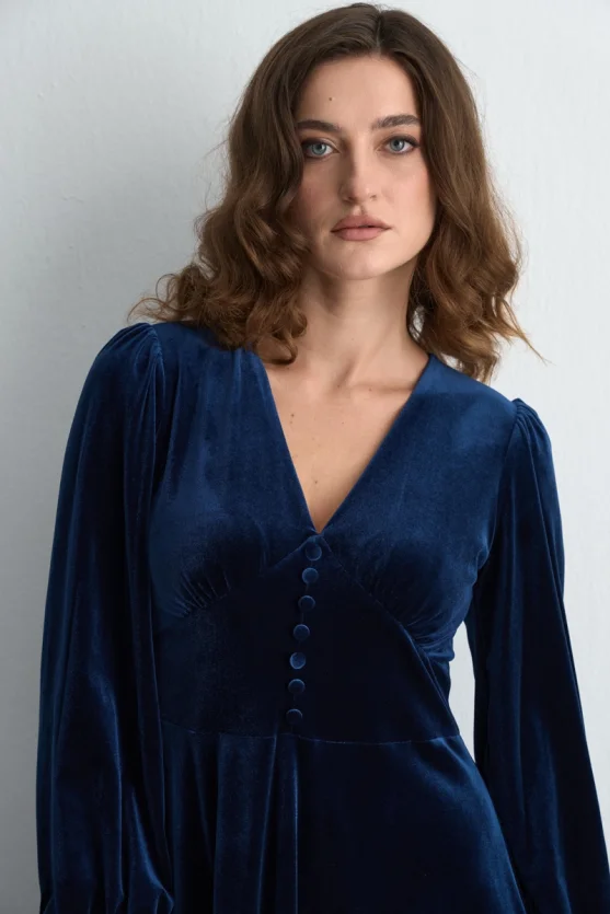 V Neck Long Velvet Dress Navy Blue - Gusto