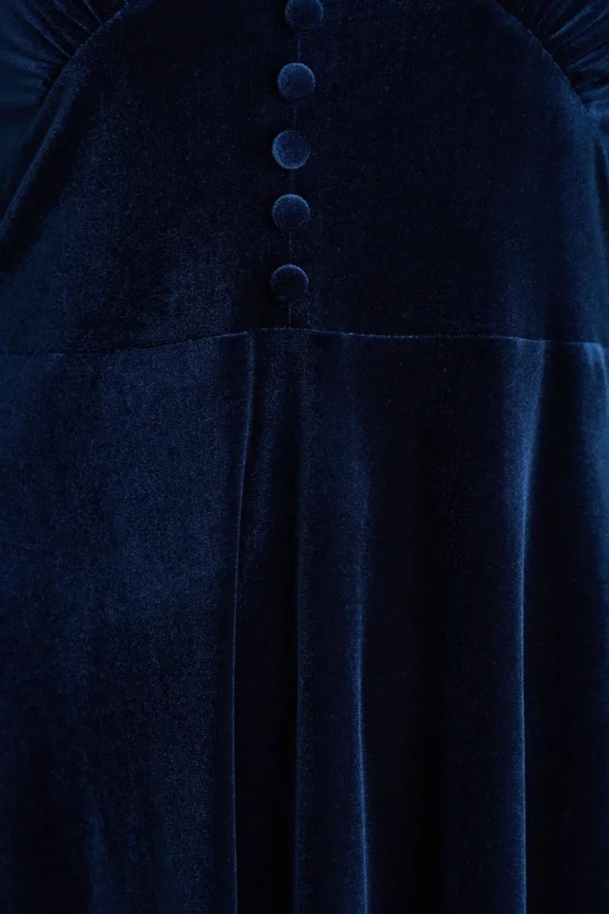 V Neck Long Velvet Dress Navy Blue - 4