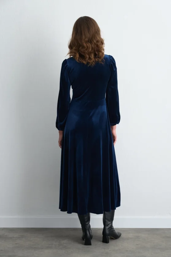 V Neck Long Velvet Dress Navy Blue - 5