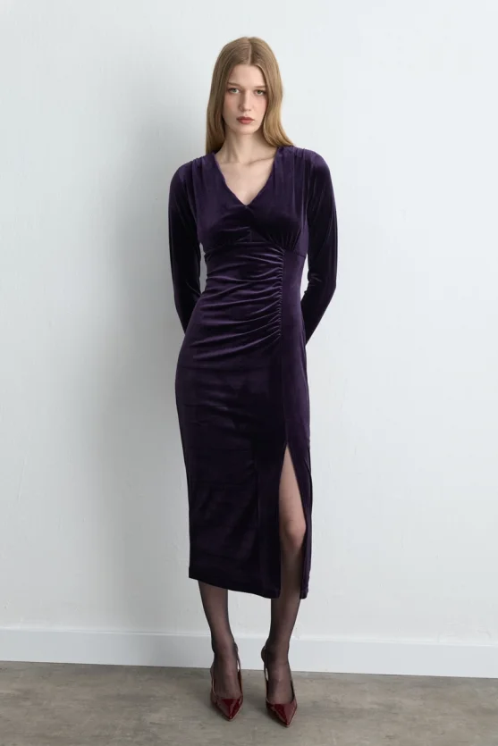 V-Neck Long Velvet Dress - Plum - Gusto