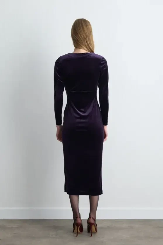 V-Neck Long Velvet Dress - Plum - 5