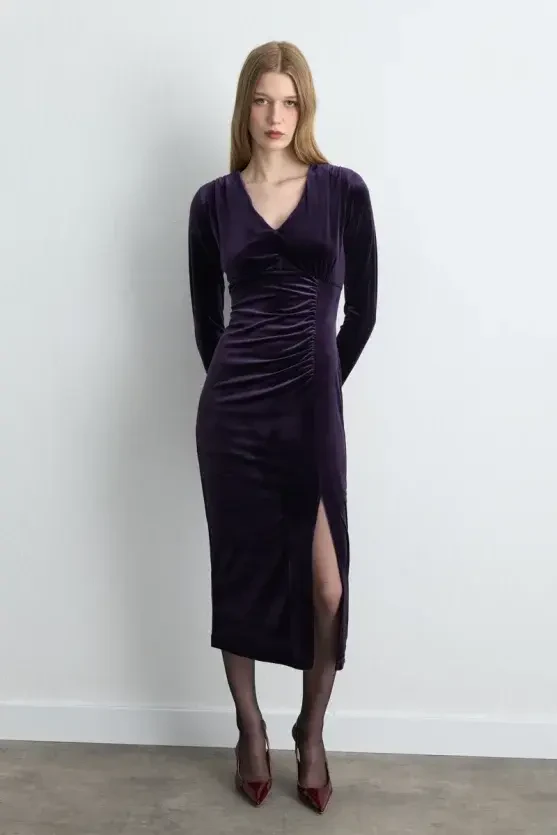 V-Neck Long Velvet Dress - Plum - 1