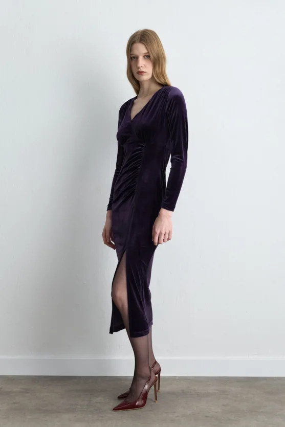 V Neck Long Velvet Dress Plum - 4