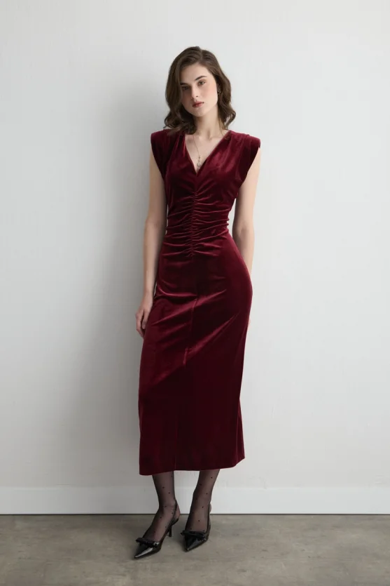 V-Neck Long Velvet Evening Dress - Burgundy - 1