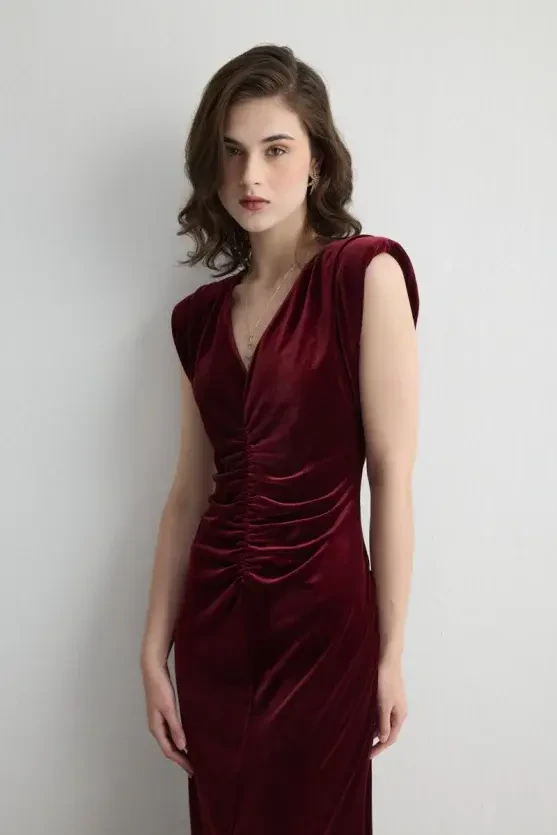 V-Neck Long Velvet Evening Dress - Burgundy - 5