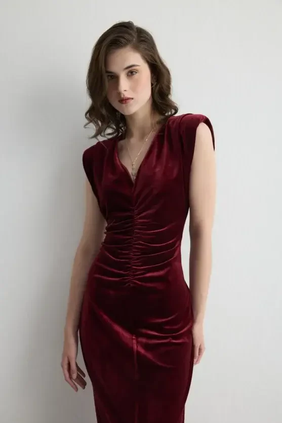 V-Neck Long Velvet Evening Dress - Burgundy - Gusto