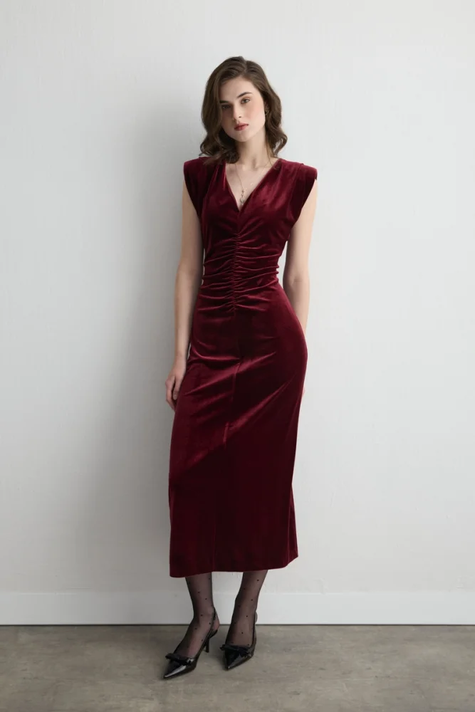 V Neck Long Velvet Evening Dress Burgundy Burgundy