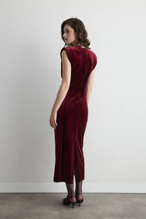 V Neck Long Velvet Evening Dress Burgundy - 7