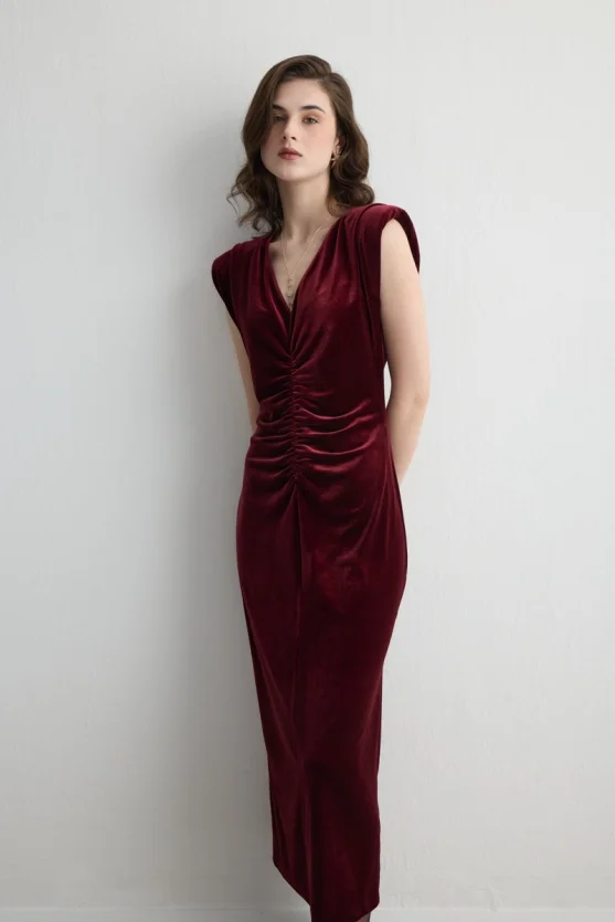V Neck Long Velvet Evening Dress Burgundy - Gusto
