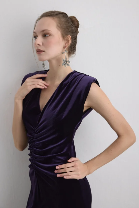 V Neck Long Velvet Evening Dress Mulberry - 4