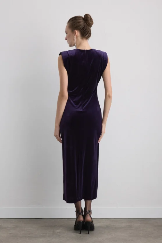 V Neck Long Velvet Evening Dress Mulberry - 5