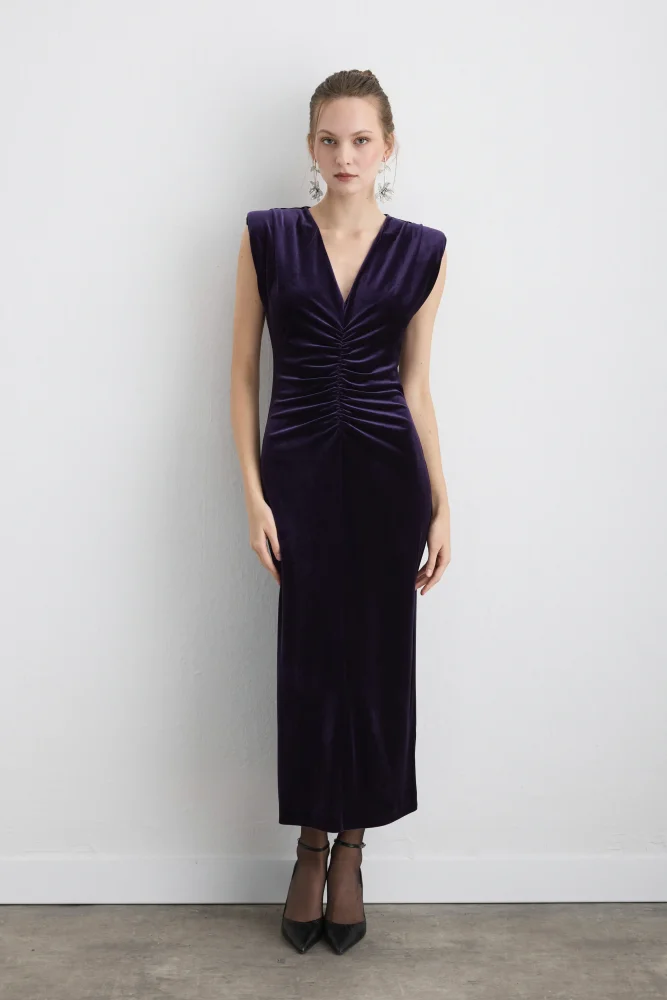 V Neck Long Velvet Evening Dress Mulberry
