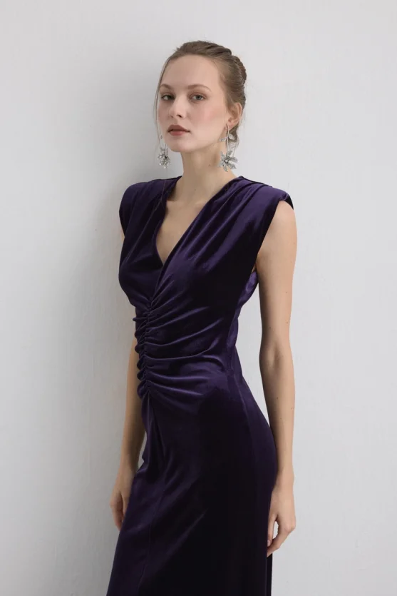 V Neck Long Velvet Evening Dress Mulberry - Gusto