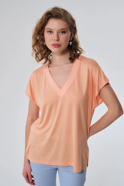 V-neck Low Sleeve T-shirt - Peach Şeftali