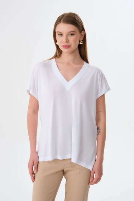 V Neck Low-Sleeve T-shirt - White White