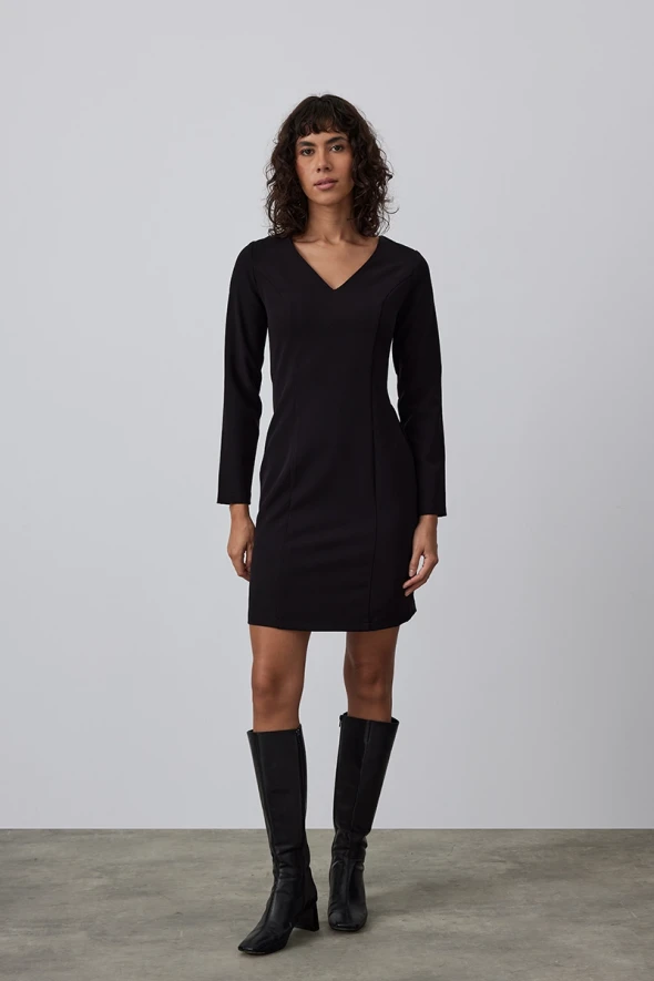 V Neck Lycra Midi Dress - Black - 2