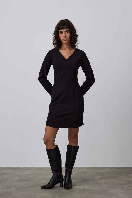 V Neck Lycra Midi Dress - Black Black