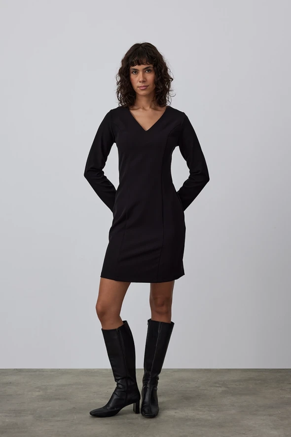 V Neck Lycra Midi Dress - Black - 1